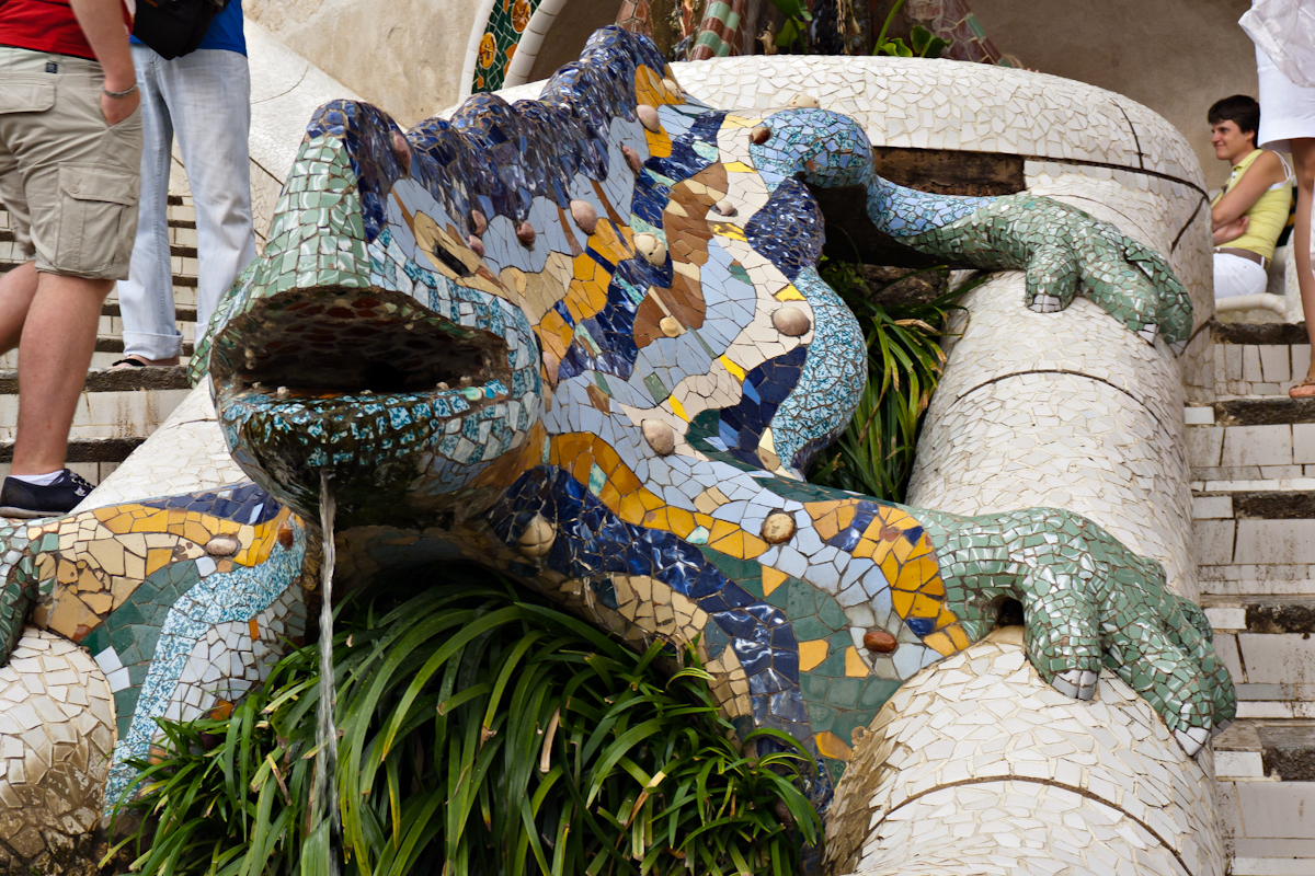 Dragon Stairway at Park Güell, Barcelona – one of Gaudí’s most famous mosaic designs.